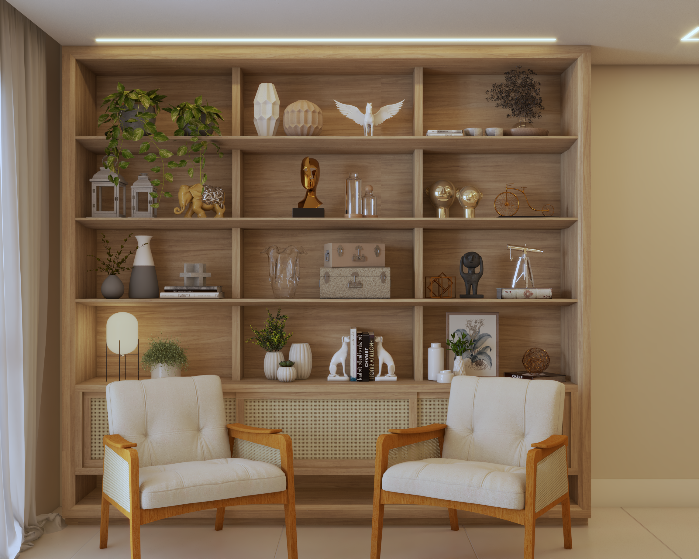 Living com estante planejada e poltronas