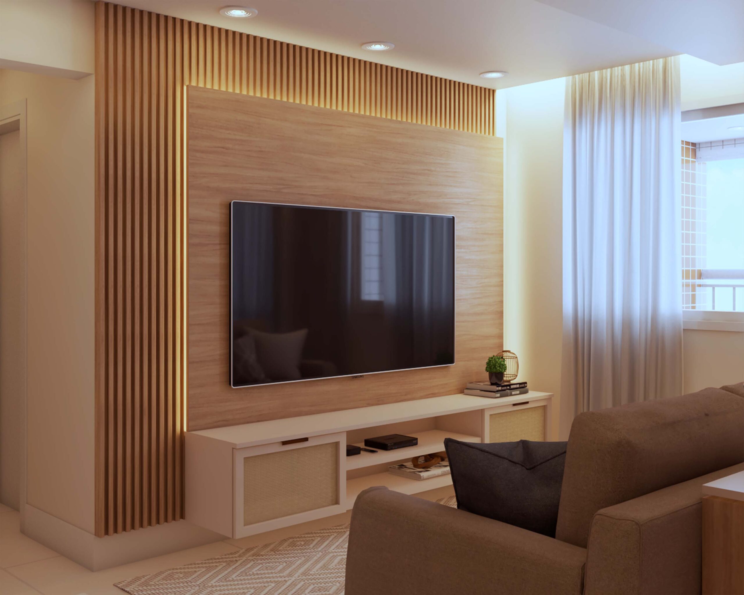 Living contemporâneo com painel ripado projetado por Betania Pacheco
